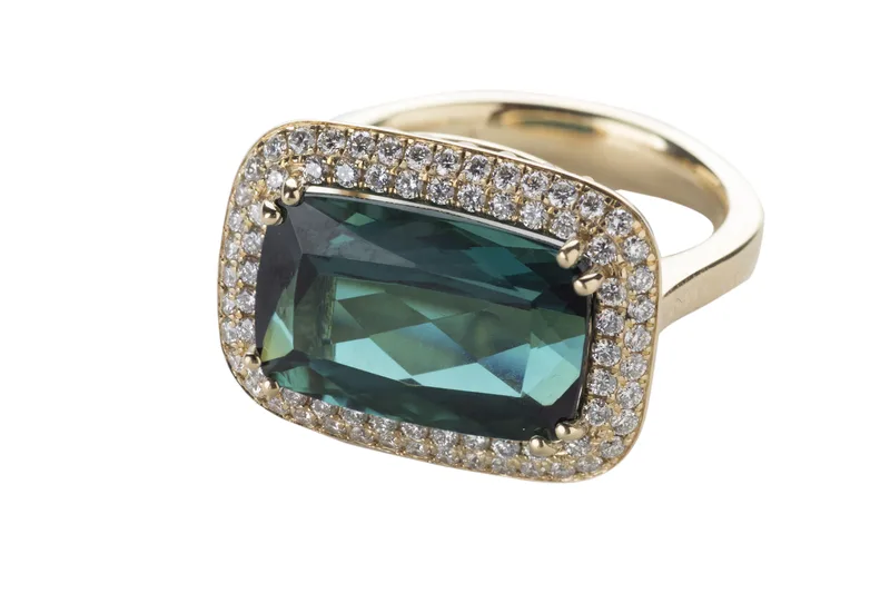 Cushion-cut green tourmaline cocktail ring double diamond pavé halo yellow gold