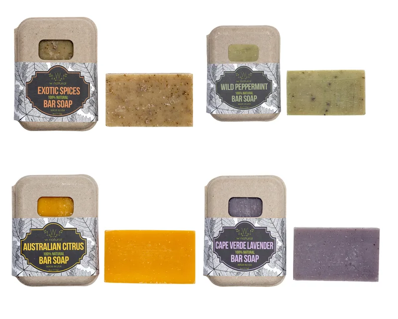 Natural soap bar product photography showcasing four handcrafted varieties packaged