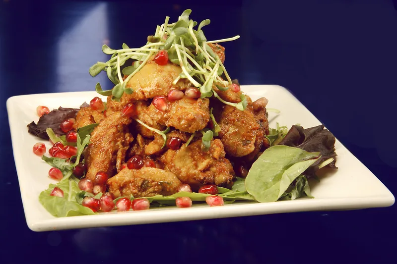 Kashmiri chicken tikka masala topped with pomegranate seeds and fresh microgreens