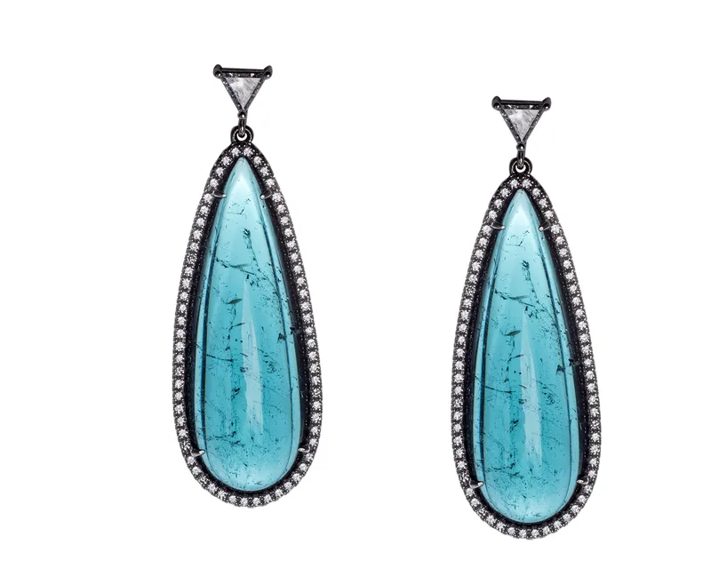 jewelry photography blackened metal teardrop blue tourmaline cabochon earrings with diamond halo