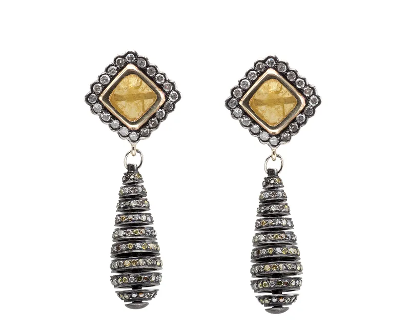 Jewelry photography of blackened silver drop earrings with citrine and pavé diamonds