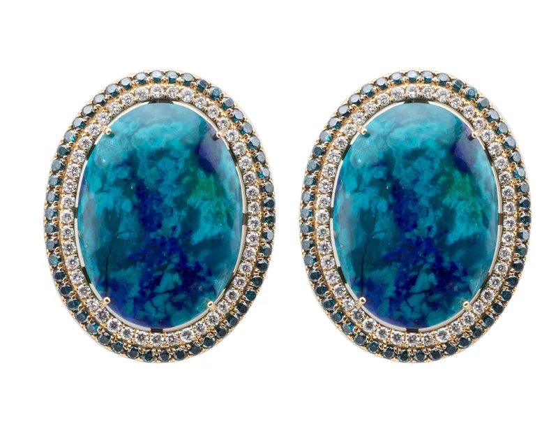Jewelry photography oval turquoise cabochon earrings double halo blue white diamonds