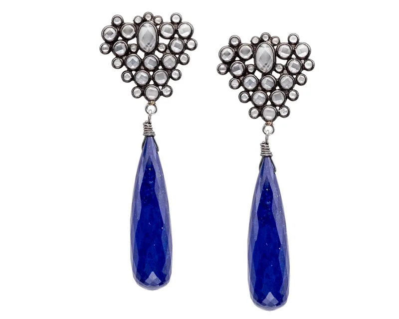 Jewelry photography oxidized silver crystal cluster studs with elongated lapis lazuli teardrop drops