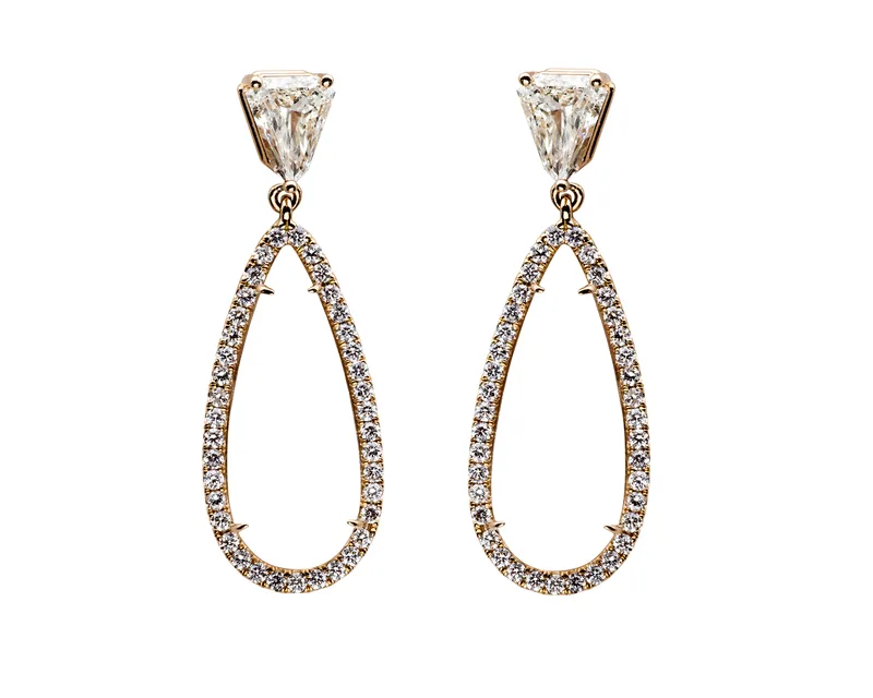 Rose gold trillion-cut diamond stud open teardrop pavé drop earrings jewelry photography
