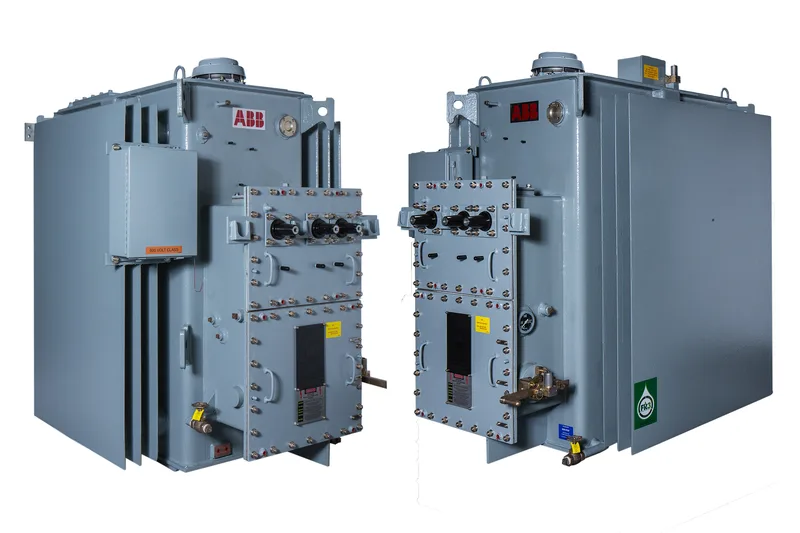 Composite product photography of two gray steel ABB industrial electrical enclosures