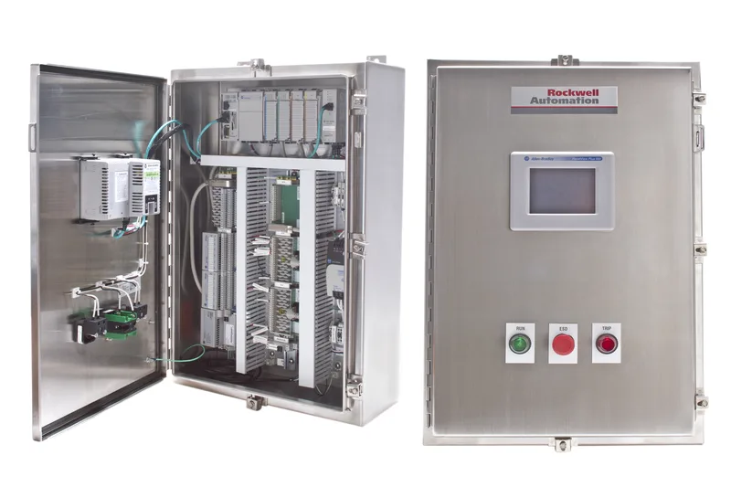 Rockwell Automation stainless steel enclosure open revealing Allen-Bradley PLC modules inside
