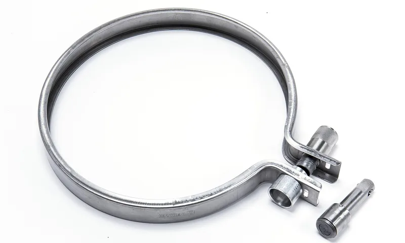product photography of large stainless steel ring clamp with thumb screw fastener
