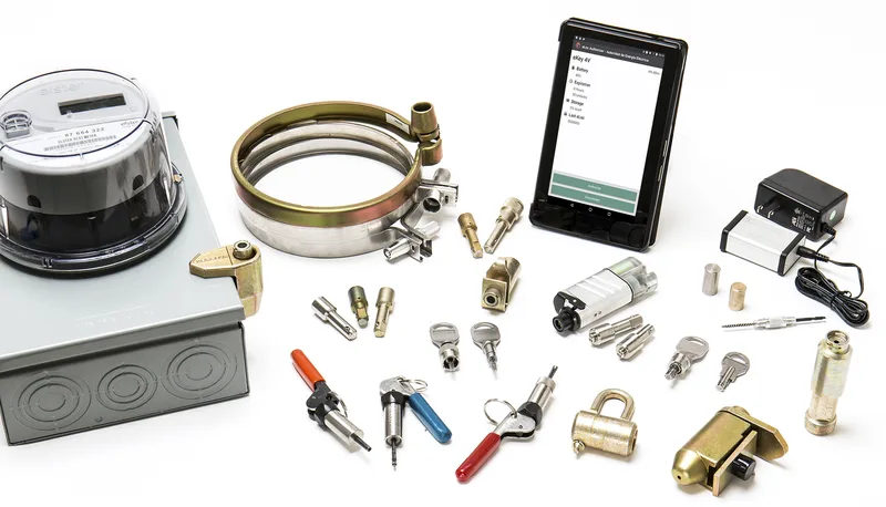 Product photography utility meter security hardware brass locks chrome fittings authorization tablet